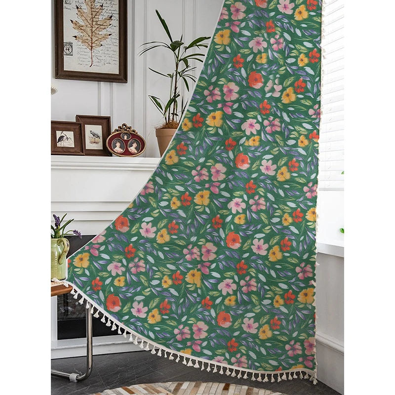 YOUMIKA  -  American Pastoral Printed Cotton Curtains, Flower French Window, Living Room, Dining Room, Bedroom, Modern