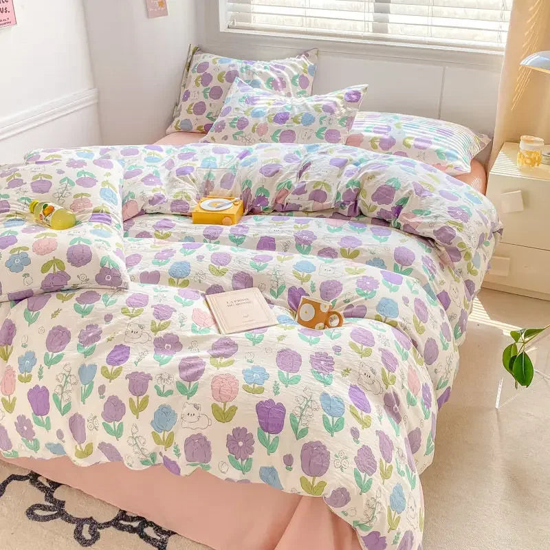 YOUMIKA  -  Fresh Botanical Floral Bedding Set INS Girls Soft Washed Cotton Bed Sheet Duvet Cover Pillowcase Bed Linens Single Double Size