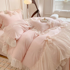 YOUMIKA  -  Korean Style Princess Lace Bow Bedding Set Pink Sweet Girl Chiffon Ruffles Duvet Cover Bed Sheet Pillowcase Wedding Home Textile