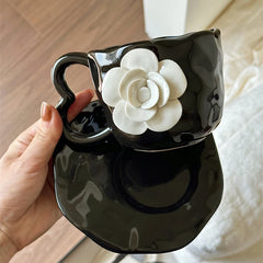 YOUMIKA  -  Handmade 3D Camellia Flower Black Coffee Afternoon Tea Cup Plate Ceramic Cup Gift Cup