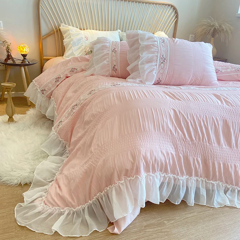 YOUMIKA  -  Pink Korean Princess Style Lace Ruffles Wedding Bedding Set Seersucker Washed Cotton Soft Duvet Cover Set Bed Sheet Pillowcases