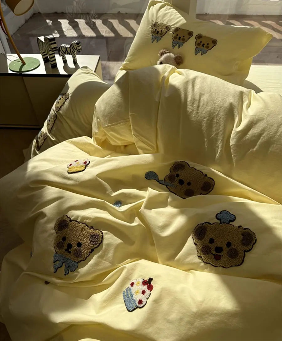 YOUMIKA  -  Cute embroidery bear yellow bedding set teen,twin full queen king kawaii cotton home textile bed sheet pillow case quilt cover