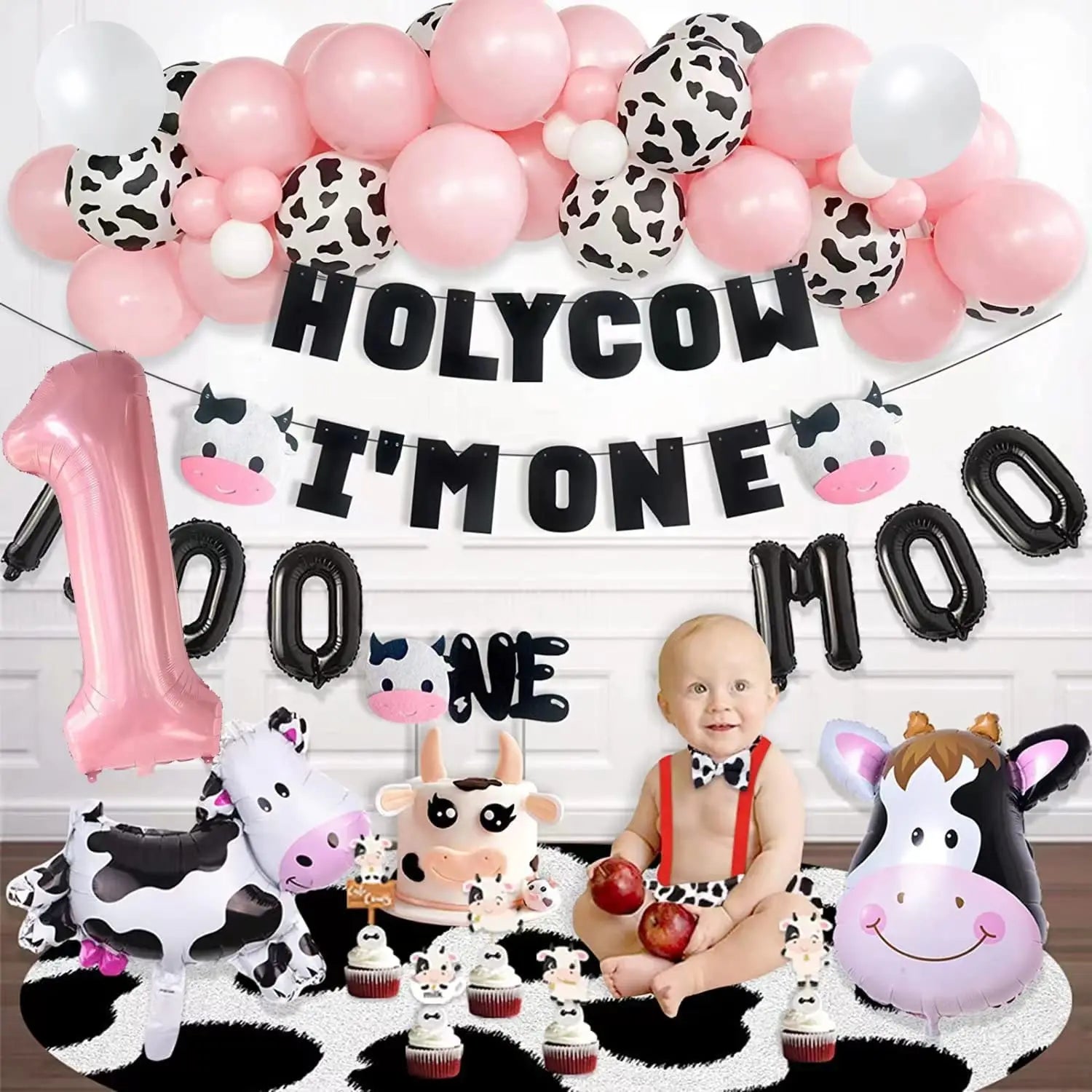 YOUMIKA  -  New Cow Animal Theme Birthday Party Supplies Pink Foil Number Balloons  For Holy Cow Im One Birthday Party Decoration