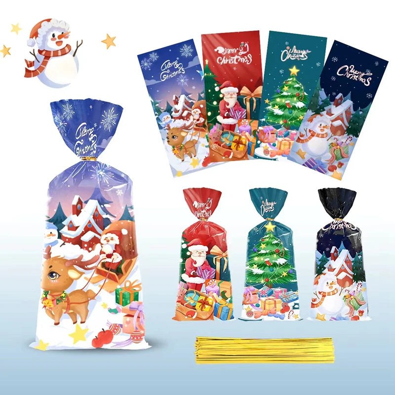 YOUMIKA  -  50pcs Christmas Candy Bags with Ties Santa Claus Biscuit Gift Packaging Bag Christmas Decoration For Home Navidad Noel New Year