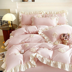 YOUMIKA  -  3Pcs Pink Korean Style Princess Lace Ruffles Skin-friendly Soft Flowers Embroidery Bedding Set Duvet Cover Set With Pillowcases