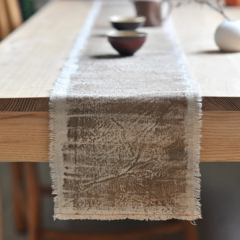 YOUMIKA  - Natural Handcrafted Linen Table Runner with Fringe Edge, Modern Kitchen Tabletops, Living Room Party, Home Decor, TJ9401