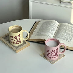 YOUMIKA  -  Korean Creative Romantic English Pink Cream Ceramic Cup Couple Gift Breakfast Mug Coffee Cups