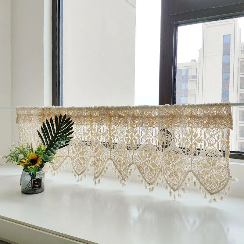 YOUMIKA  -  Lace Curtain Valance Macrame Window Decor with Boho Style Handmade Tassels Floral Sheer Curtains for Kitchen Rod Pockets 1 Panel