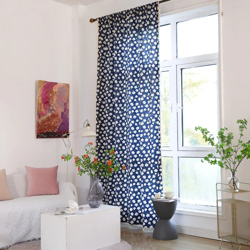 YOUMIKA  -  Bohemian Cotton Curtains with Tassels for Living Room and Bedroom, Blue Floral Printed, Semi-Blackout Darkening Cotton Panel,