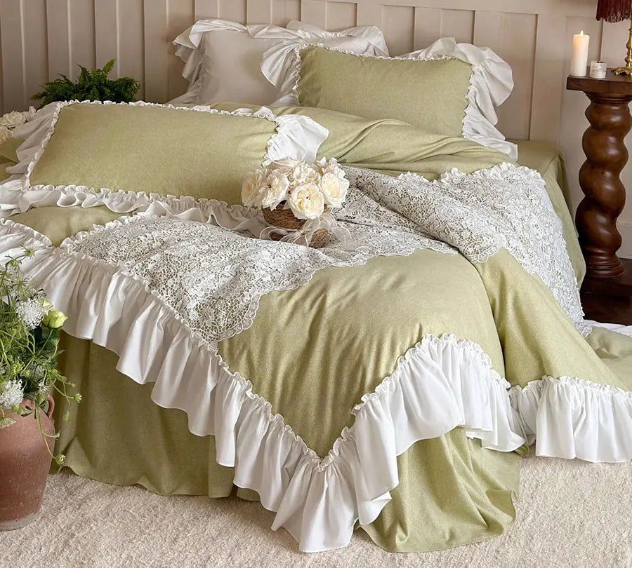 YOUMIKA  -  Princess fairyfair ruffle green bedding set,full queen king luxury lace cotton home textile bedspread pillow case duvet cover