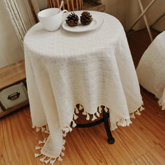 YOUMIKA  -  Waffle Jacquard Tablecloth with Tassels Cotton Linen Table Cloths Washable for Wedding Party Dining Banquet Luxurious Decoration