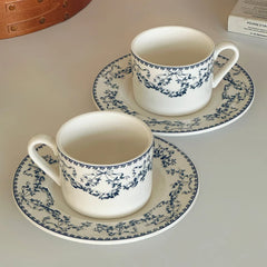 YOUMIKA  -  Retro Chinese Style Blue and White Floral Ceramic Coffee Cups Plates Afternoon Tea Utensils Latte Cups