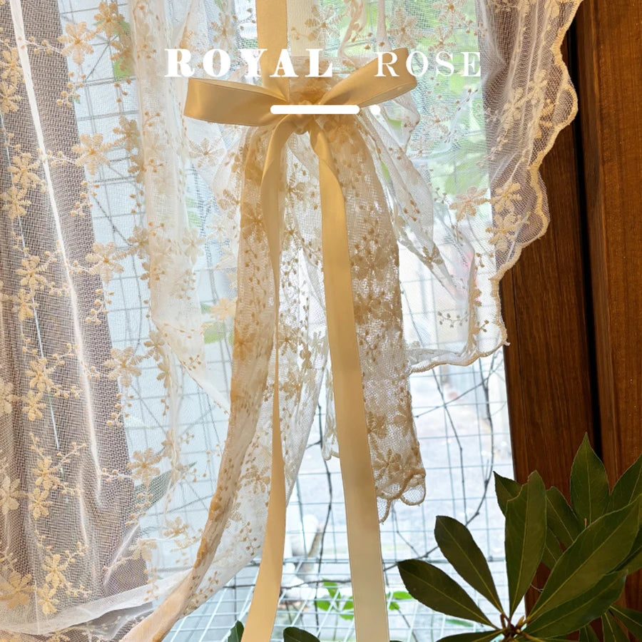 YOUMIKA  -  Lace Lifting Curtain with Ribbon Floral Beige ,Romantic Style For Kitchen Balcony Small Window ,Embroidery Window Screen Curtain