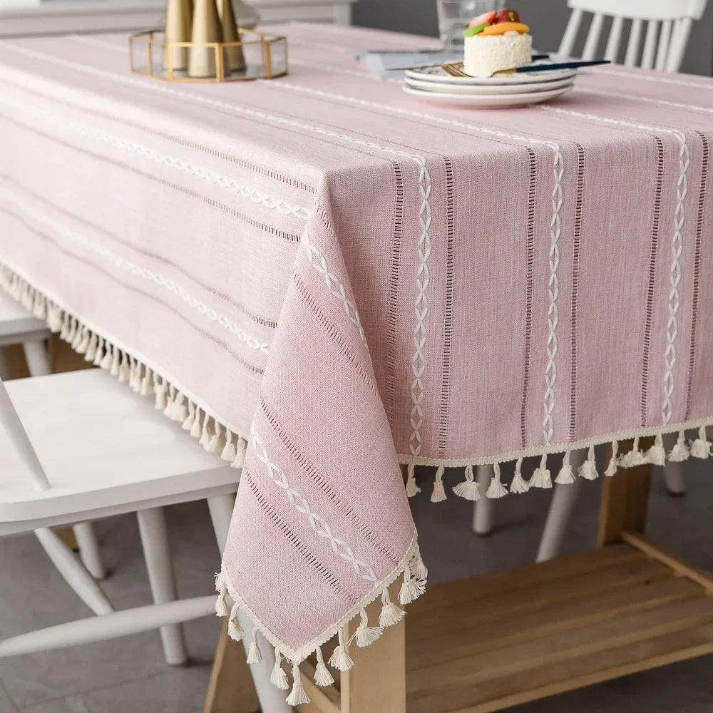 YOUMIKA  -  Cotton Linen Tablecloth Rectangle Dining Table Cover Wrinkle Free Farmhouse Fabric Cloth with Tassels Restaurant Party Decor