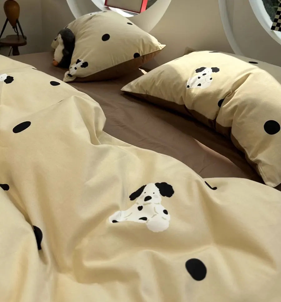 YOUMIKA  -  Cute Cartoon Dog Polka Dot Bedding Set Single Double,twin Full Queen King Cotton Home Textile Bed Sheet Pillow Case Quilt Cover