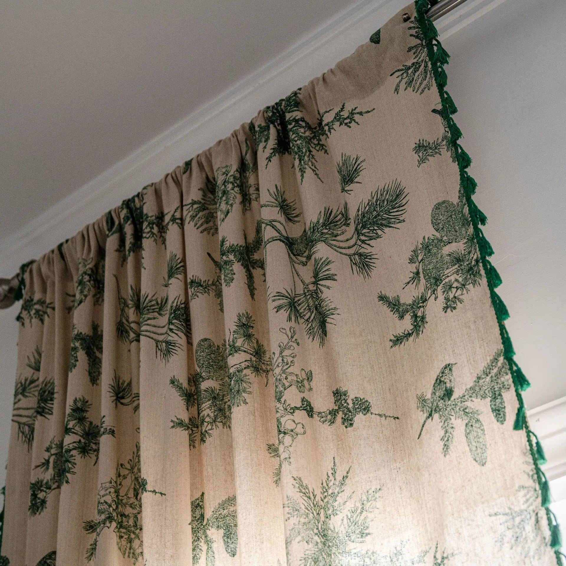 YOUMIKA  -  Cotton Linen Green Pine Nut Printed Curtains with Semi Shading Tassel, Bedrooms, Living Rooms, Coffee Shops