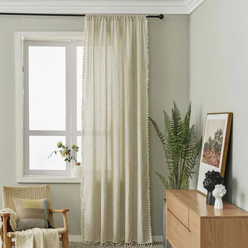 YOUMIKA  -  Boho Curtains Modern Farmhouse Cotton Linen Embroidery with Tassels Window Semi-Blackout Curtain for Living Room Home Decoration