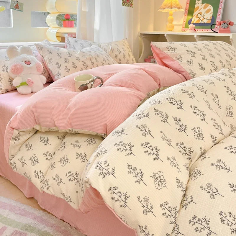 YOUMIKA  -  Ins Pink Floral Bedding Set For Girls Couple Double Size Flat Sheet Duvet Cover and Pillowcase Soft Bed Linen Home Textile