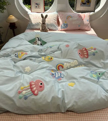 YOUMIKA  -  Cute Cartoon Embroidery Jellyfish Fish Beding Set Kid Teen,twin Full Queen Cotton Home Textile Bed Sheet Pillow Case Quilt Cover