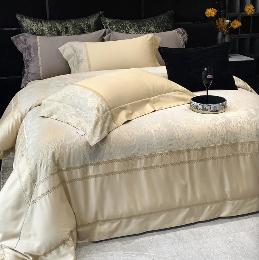 YOUMIKA  -  Luxury european french champagne bed set,full queen king florid jacquard cotton home textile bed sheet pillow case duvet cover