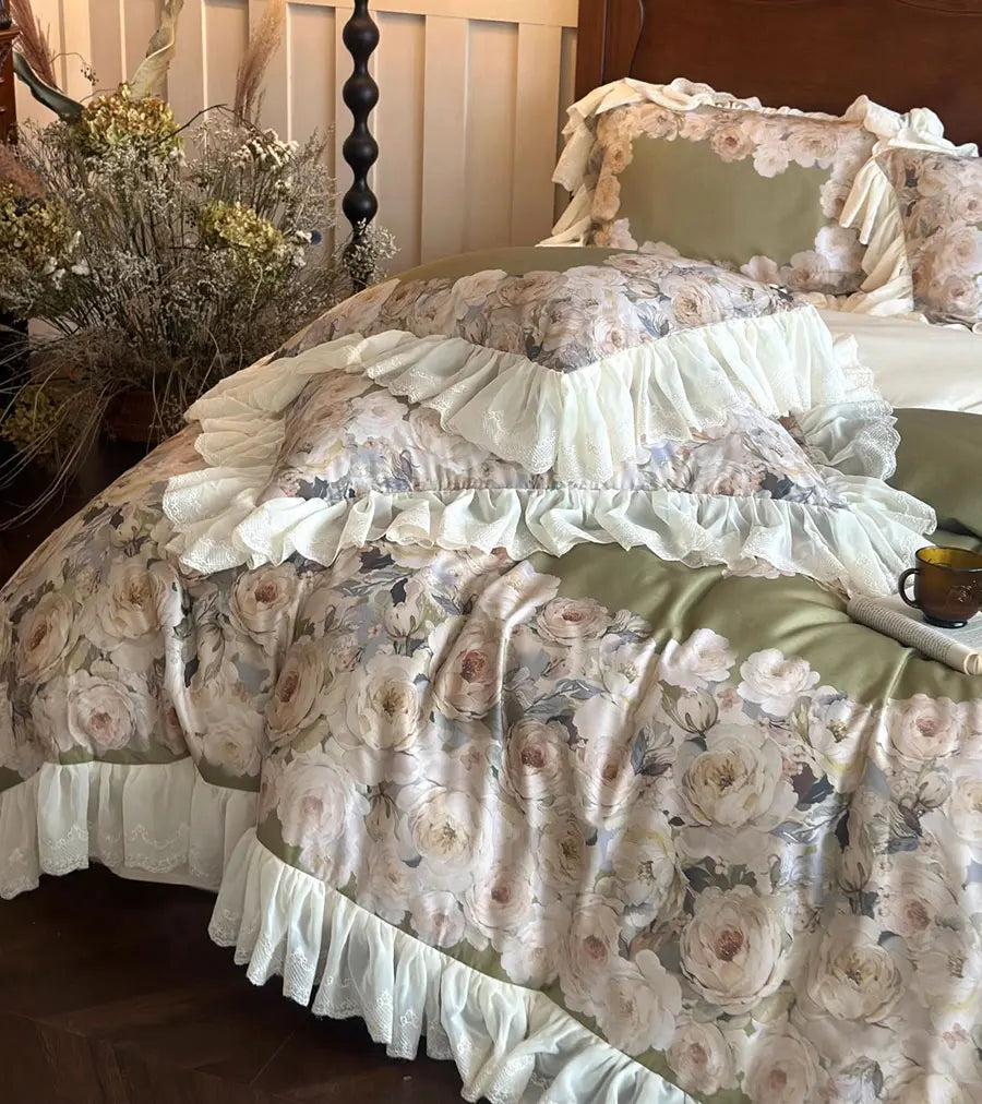 YOUMIKA  -  Vintage french flower bedding set,full queen king retro fairyfair ruffled green home textile bed sheet pillow case quilt cover