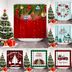 YOUMIKA  -  Merry Christmas Shower Curtains Colorful Xmas Balls Green Pine Branches Happy New Year Decor Fabric Bathroom Curtain Polyester