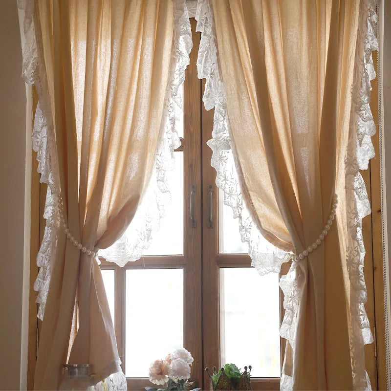 YOUMIKA  -  Light luxury French cream wind beige curtain log wind ruffled short curtain door curtain partition  шторы для спальни