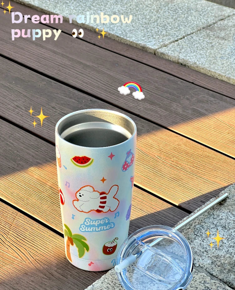 YOUMIKA  -  Dreamy Rainbow Puppy Large Capacity 304 Stainless Steel Direct Drinking Mouth Straw Insulated Cup Cartoon Cold Insulation