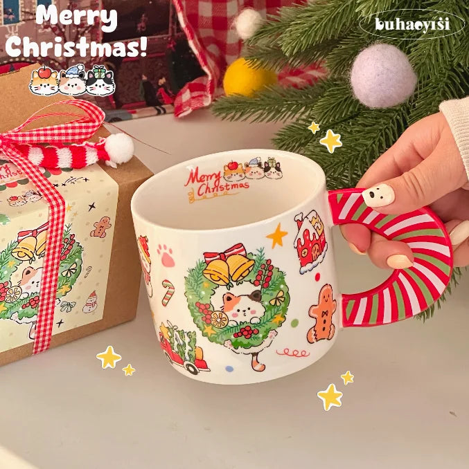 YOUMIKA  -  Christmas Cat Ceramic Mug Underglaze Breakfast Milk Water Cup Christmas Day Winter Gift Cup