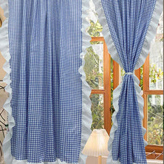 YOUMIKA  -  Korean Plaid Blackout Short Curtain with Lace Edge, Candy Color Sweet Window Drapes for Girl's Room Kitchens, Rod Pocket Curtain