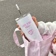 YOUMIKA  -  Original Pink Print Love Stainless Steel Insulated Straw Cup Cute Girl Heart Large Capacity Water Bottle