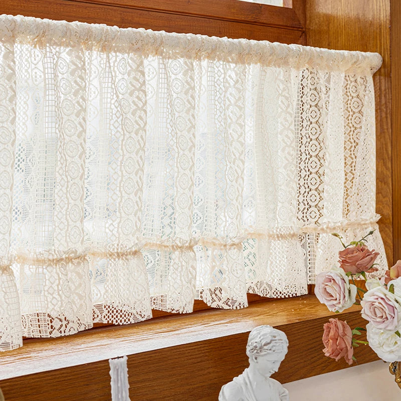 YOUMIKA  -  Boho Sheer Curtain Valance Crochet Lace with Hollow Knitted Handmade Tassels Short Farmhouse Window Treatments for Kitchen Cafes