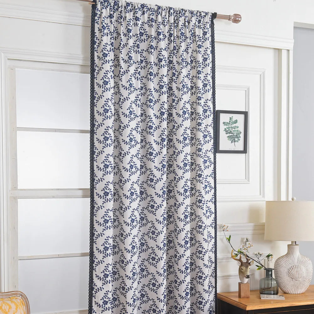 YOUMIKA  - Blue Floral Cotton Linen Curtain, One Panel Darkening Curtains for Living Rooms, Bedrooms with Rod Pocket and Easy Hanging