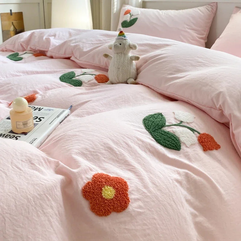 YOUMIKA  -  Cute Flower Embroidery Bedding Set Pink Girls Duvet Cover With Sheet Pillowcase Soft Washed Cotton Bed Linen Decor Home Textiles