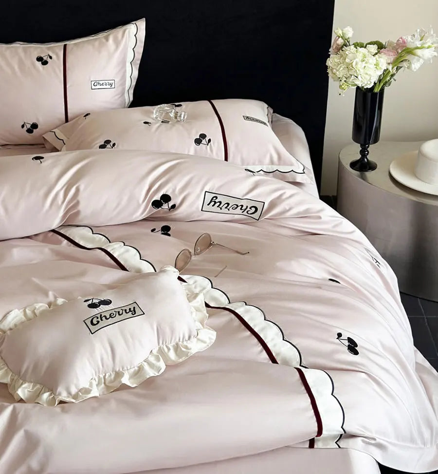 YOUMIKA  -  Fresh sweet embroidery cherry blue pink bedding set,full queen king lovely cotton home textile bed sheet pillow case duvet cover