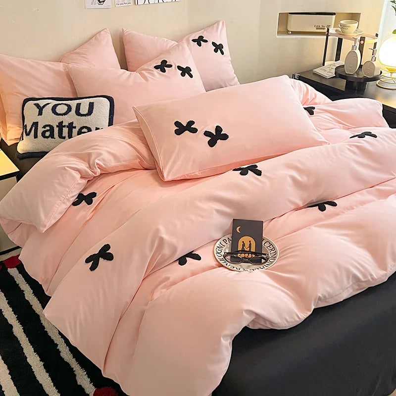 YOUMIKA  -  INS Pink Bowknot Bedding Set Flat Bed Sheet Pillowcase Twin Full Queen Size Bed Linen Women Girls Duvet Cover No Filling