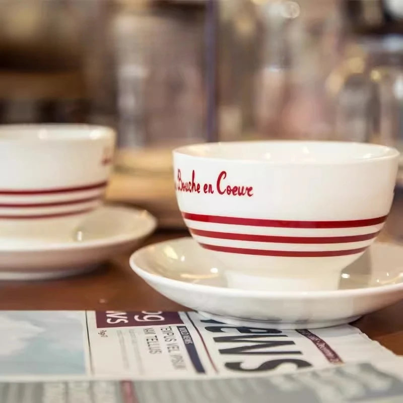 YOUMIKA  -  Korean Retro French Ceramic Coffee Cups and Plates Latte Afternoon Tea Coffee Cups Red Lines and Floral Patterns