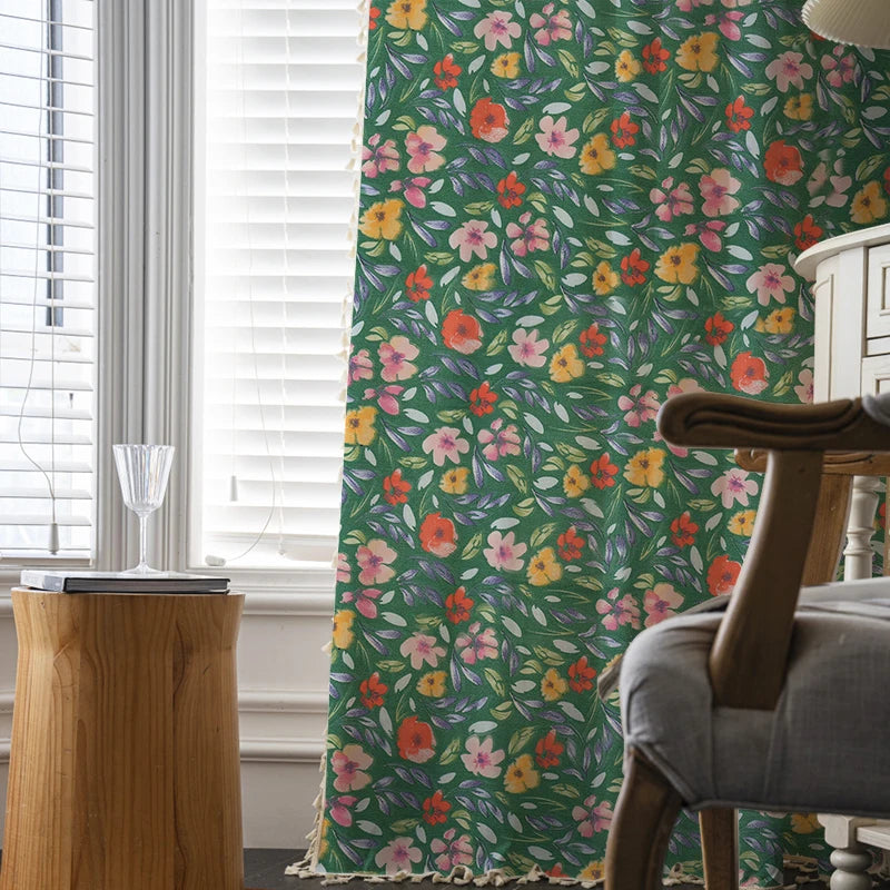 YOUMIKA  -  American Pastoral Printed Cotton Curtains, Flower French Window, Living Room, Dining Room, Bedroom, Modern