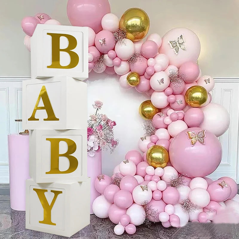 YOUMIKA  -  Baby Shower Decoration Balloon Boxes With Golden Letter 30x30cm Latex Foil Balloon Box For Kids 1st Birthday Wedding Party Decor