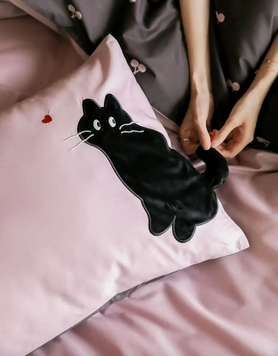 YOUMIKA  -  Fashion cute sweet pink cat cherry bed set 1.2 1.5 1.8,twin full queen 60s cotton home textile bed sheet pillow case duvet cover