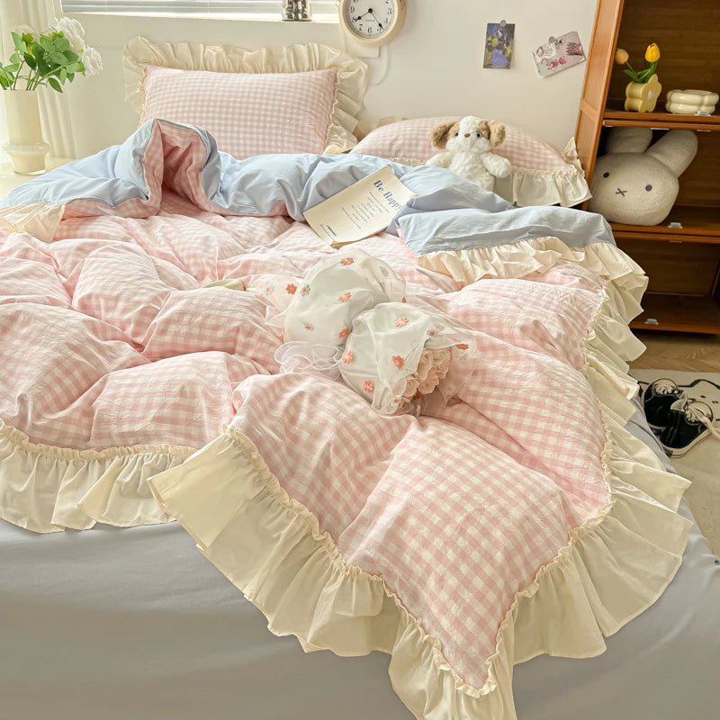 YOUMIKA  -  Bed Sheets Set Ruffles Duvet Cover Pillowcase with Sheets Plaid Style Quilt Cover Set Home Bedding Bed Linen Set