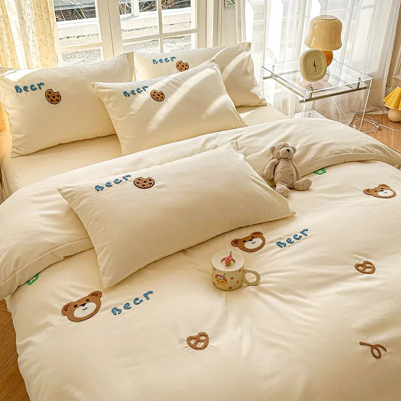 YOUMIKA  -  Cute Bear Bedding Set For Kids Girls Korean Washed Cotton Duvet Cover Embroidery Comforter Fitted Bed Sheets Set Queen King Size