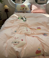 YOUMIKA  -  Cute Cartoon Embroidery Rabbit Cake Stripe Bedding Set Kid,twin Full Queen Cotton Home Textile Bed Sheet Pillow Case Quilt Cover