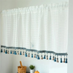 YOUMIKA  -  Boho Kitchen Curtains Modern Farmhouse Cotton Linen Short Window Panel Country Gingham Tassel Cafe Semi-Sheer Curtain Decoration