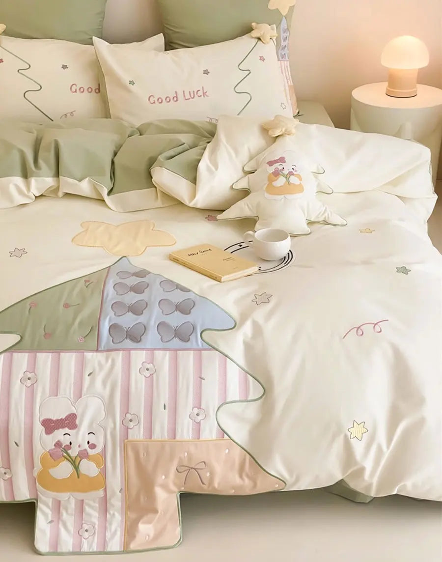 YOUMIKA  -  Fashion cute embroidery rabbit green bedding set double,full queen king cotton home textile bed sheet pillow case quilt cover