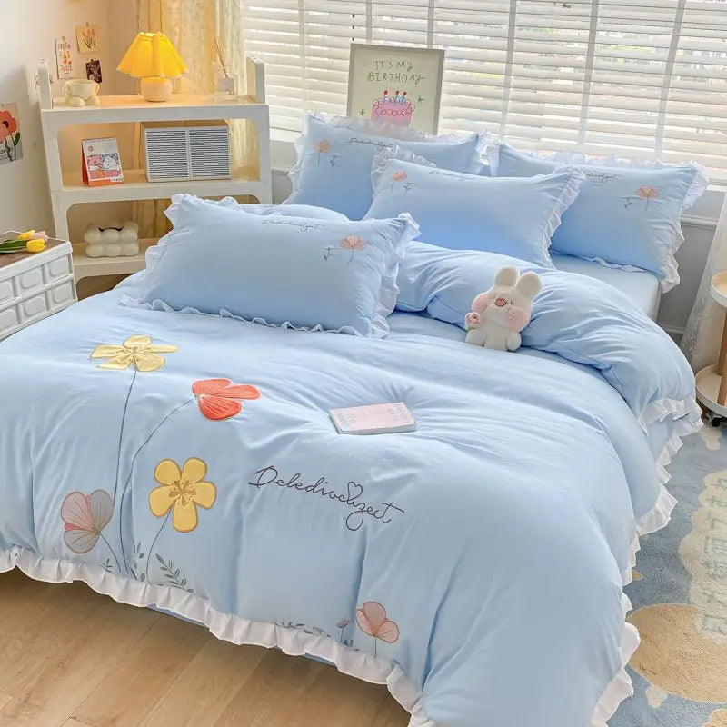 YOUMIKA  -  Ins Korean Style Bedding Set with Ruffles Princess Duvet Cover No Filling Flat Sheet Pillowcases Kit Girls Blue Pink Solid Color