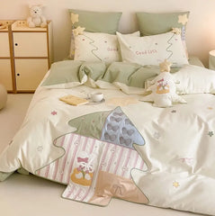 YOUMIKA  -  Fashion cute embroidery rabbit green bedding set double,full queen king cotton home textile bed sheet pillow case quilt cover