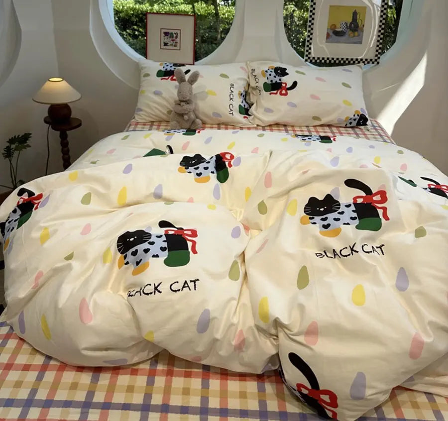 YOUMIKA  -  Cute Cartoon Cat Bedding Set Kid,twin Full Queen Lovely Colorful Cotton Plaid Dot Home Textile Bed Sheet Pillow Case Quilt Cover