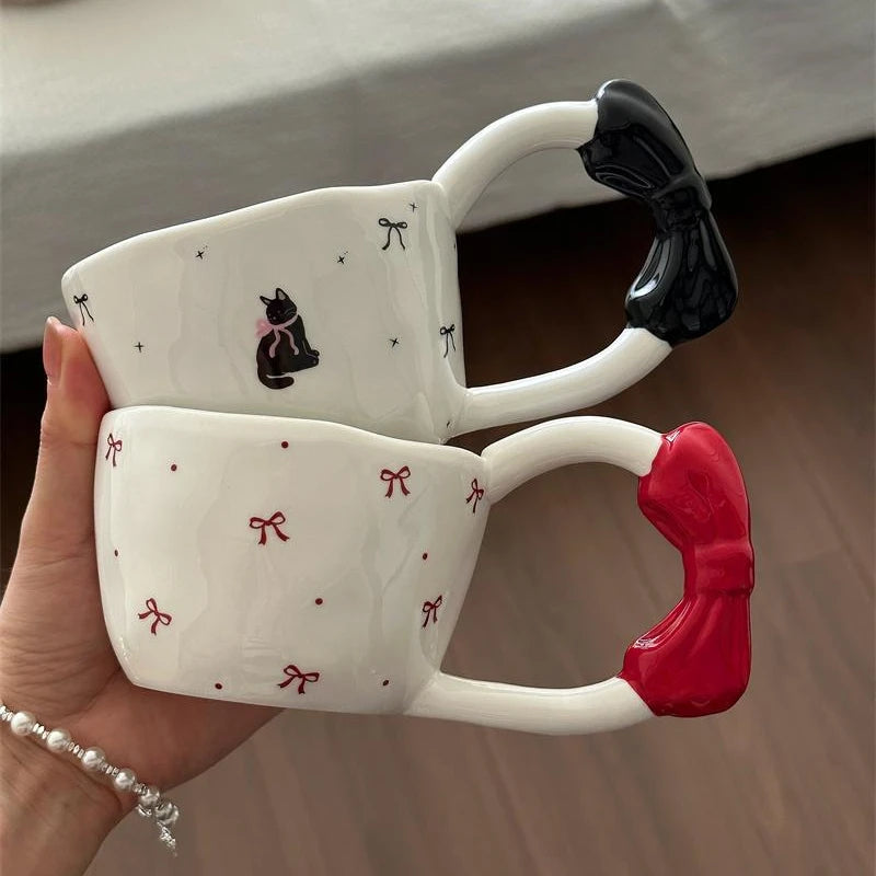 YOUMIKA  -  Creative Bow Handle Ceramic Mug Hand Drawn Bow Healing Cartoon Gift Cup Coffe Cup