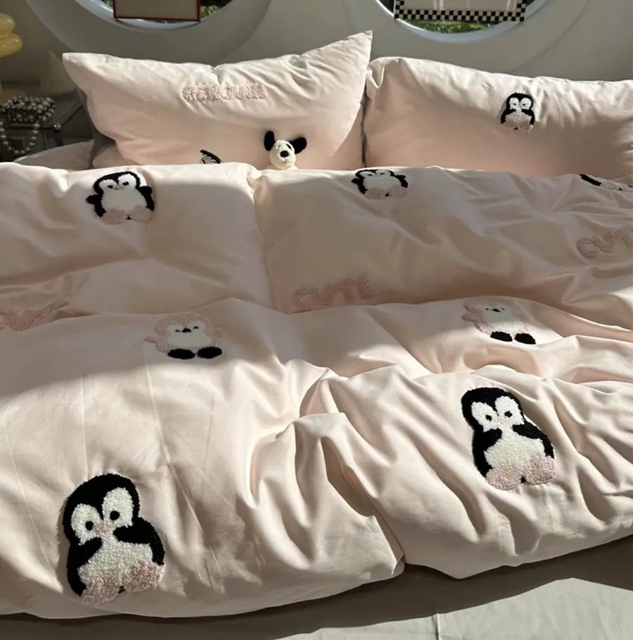 YOUMIKA  -  Fashion towel embroidery penguin bedding set,full queen king kawaii sand cotton home textile bed sheet pillow case quilt cover